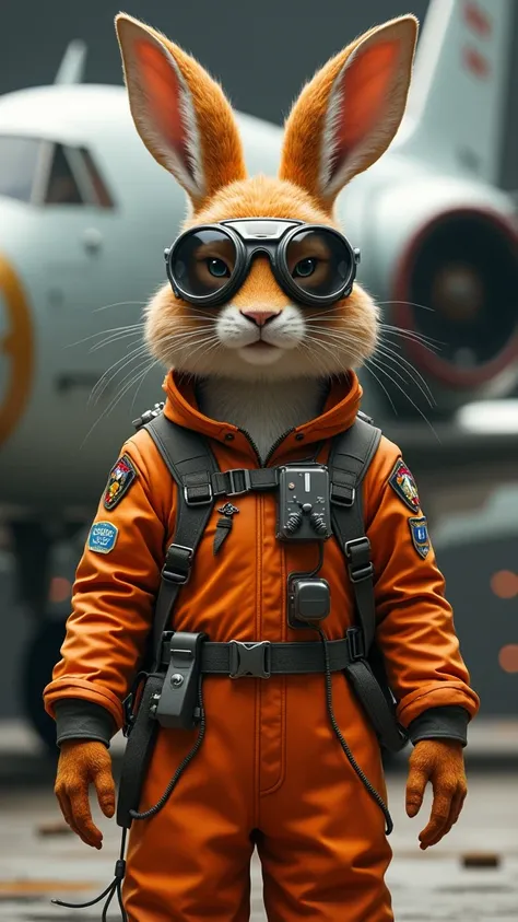 Orange hare as if he were an airplane pilot with warning glasses and a realistic astronaut uniform as the reference image