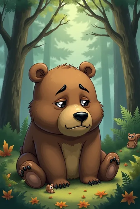 Create a cover of a sad brown bear in the forest in a cartoon