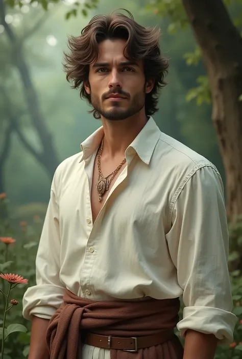 a grown man, who is about 2. He has fluffy dark brown hair and dark brown eyes. He wears a simple white medieval shirt. He is a prince from a fantasy world.