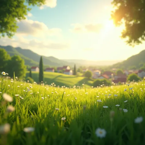 grassy meadow, ground level, town far off in the distance, ray tracing, masterpiece, accurate, super detail, high details, highres, 1080P, HD, 4K, 8k, 16k, best quality