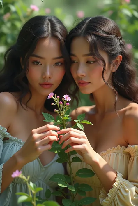 (photorealism:1.2),two beautiful woman watch flower