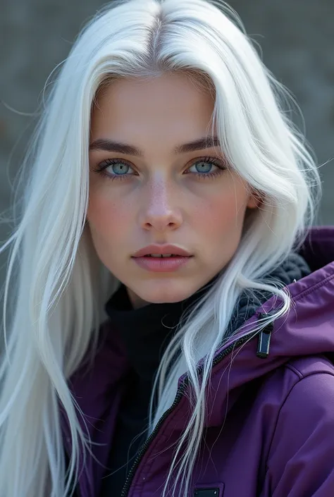 1 Girl, White hair, Long hair, Technical clothing, masterpiece, best quality, Practical, realism, Dark purple jacket, portrait, Delicate eyes