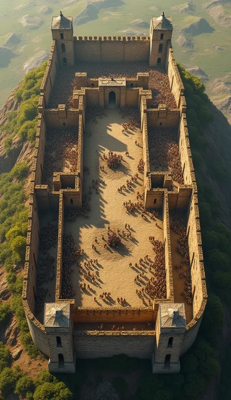 An overhead view of the double-walled fortifications at Alesia, showing the inner fort trapping the Gallic army and the outer defenses holding back reinforcements. The scale of the construction and strategic layout is emphasized."