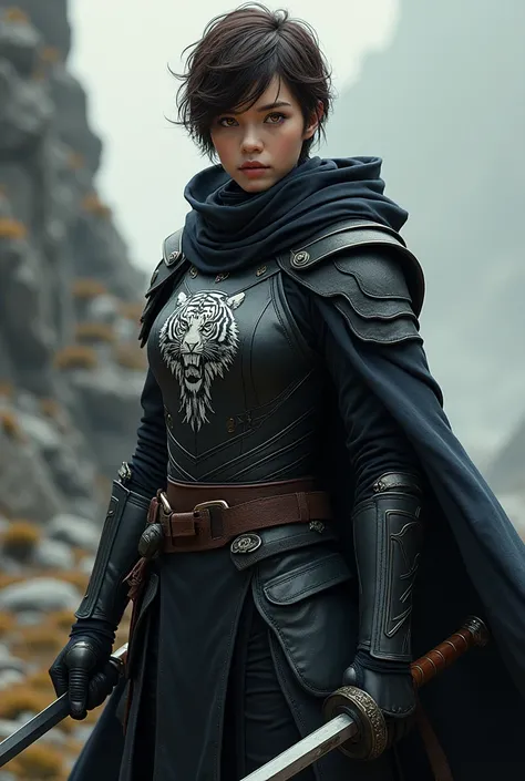 Girl with short brown hair and yellow eyes wearing black armor with a cape and hood with a drawing of a white tiger, the girl carries two swords at her waist