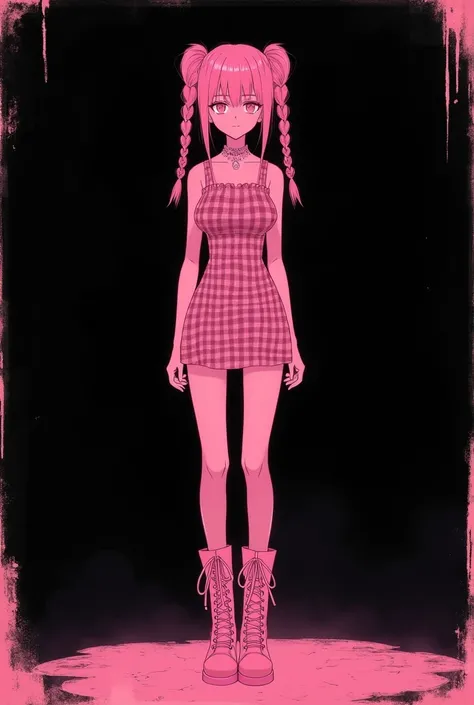 Pink silhouette of a soft punk girl against a black background, full body stance, wearing a grunge-inspired checkered short dress paired with high boots, hair styled in braids, captured with a Polaroid effect, inspired by artists Ida Rentoul Outhwaite and ...