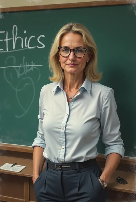 DRAWING OF A MIDDLE-AGED WOMAN, blonde, with hair at medium height, wears glasses and looks like Bolsonaro with a wig. Teaching in front of a blackboard, writing the word: ethics