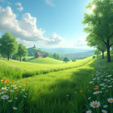 grassy meadow, town far off in the distance, ray tracing, masterpiece, accurate, super detail, high details, highres, 1080P, HD, 4K, 8k, 16k, best quality