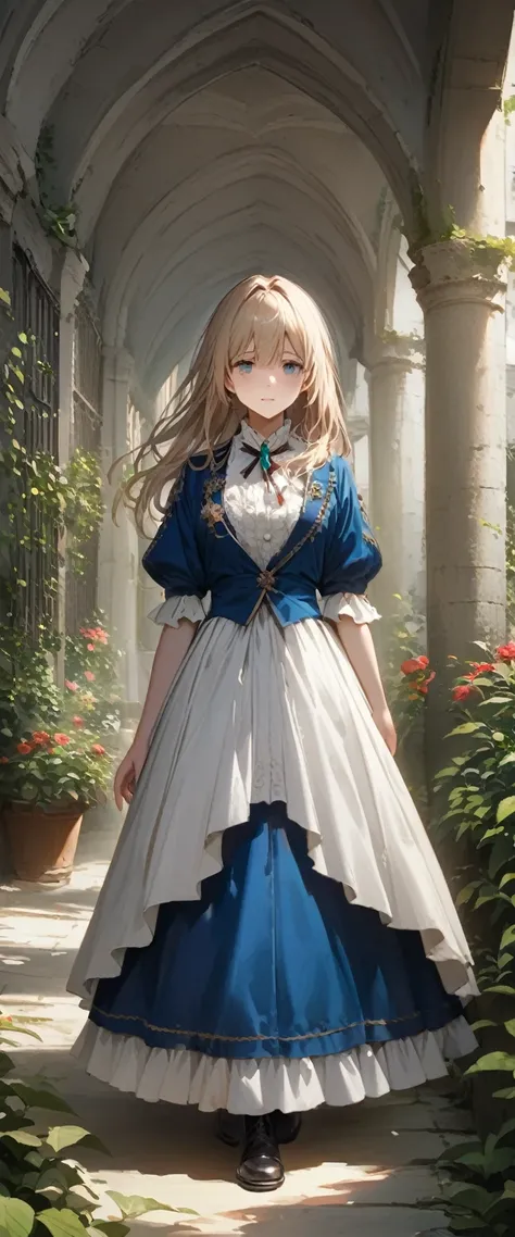 France in the 1890s。The main character of Violet Evergarden has blonde shoulder-length hair with a red ribbon.。She is wearing a classical aristocratic outfit based on ultramarine blue, with a white ribbon on her chest and an emerald necklace in the center....