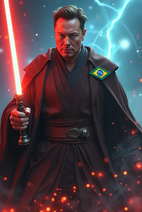 Image of Elon Musk wearing a Star Wars obi outfit with a Brazilian patch knocking Voldemort away