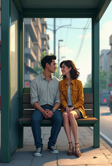 A couples seating on bus stand 