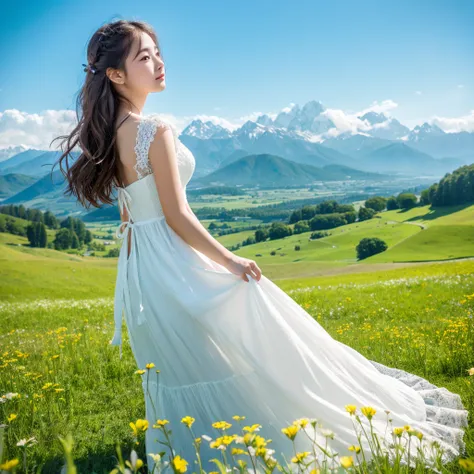 girl standing on the meadow、girl in a white dress、sky high and blue、sunny、I can see mountains in the distance、far away、stare into the distance、Standing in the distance、wide grassland,High Resolution, Masterpiece, Best Quality, Detail, High Details, Quality...