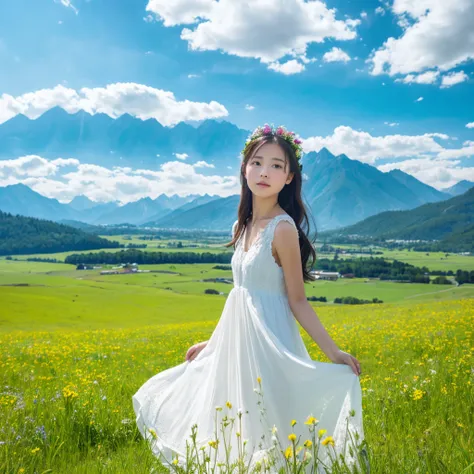 girl standing on the meadow、girl in a white dress、sky high and blue、sunny、I can see mountains in the distance、far away、stare into the distance、Standing in the distance、wide grassland,High Resolution, Masterpiece, Best Quality, Detail, High Details, Quality...