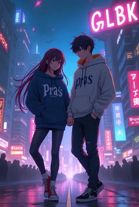 Create 2 couple character anime:
Character 1: male, hoodie HD text: “Pras”, handsome;
Character 2: female, hoodie HD text: “Cici”, beautiful;
{background: capital text: “GLBK” in right-top, night city},
realistic, HDR, korean style, full body, use magic, a...