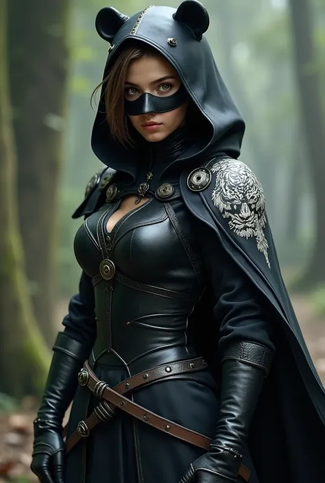 Girl with light brown hair with short hair and yellow eyes wearing a black bear mask. She wore black armor with a cape and hood with the design of a white tiger. The girl carries two swords at her waist.