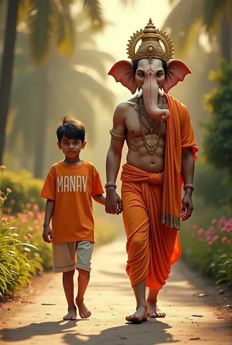 20 year old boy walking and holding hand with Lord Ganesha, boy is bare feet wearing saffron T-shirt with name "Manav" written boldly, environment is gorgeous, background is garden, both are in focus, ultra clear, hyper detailed image, Boy and Ganesh ji lo...