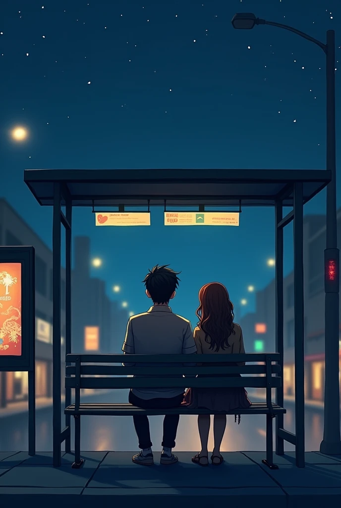 A couples seating on bus stand at night 