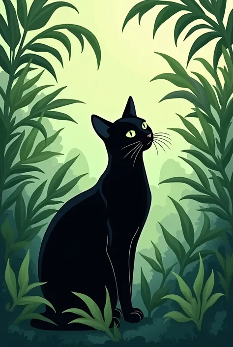 Let it be pure black, let it be very simple, but let it look elegant and be described in a single image that is of a cat and plants. .
