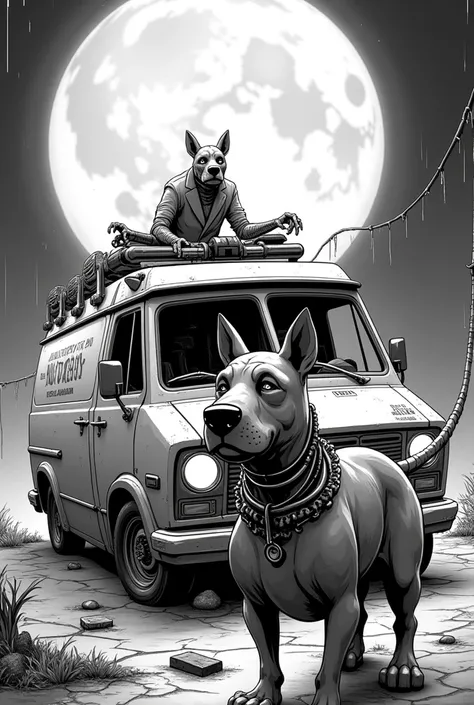 Masterpiece cyberpunk comic in black and white, the characters Shaggy and Scooby as cybernetic zombies in the background of the mythical van, ultra detailed image in 8k, Shaggy zombie, Scooby zombie, van of mysteries, terrifying cyberpunk image,