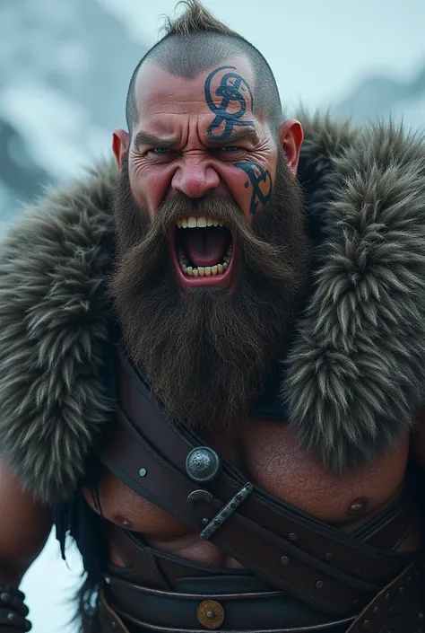  a mega realistic viking screaming with his teeth showing, with a Nordic tattoo around his eye