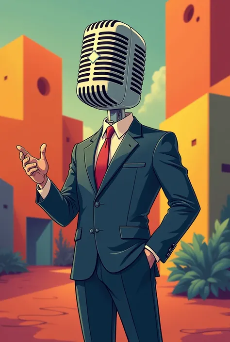 Man in suit with recording studio microphone head realistic cartoon style 

