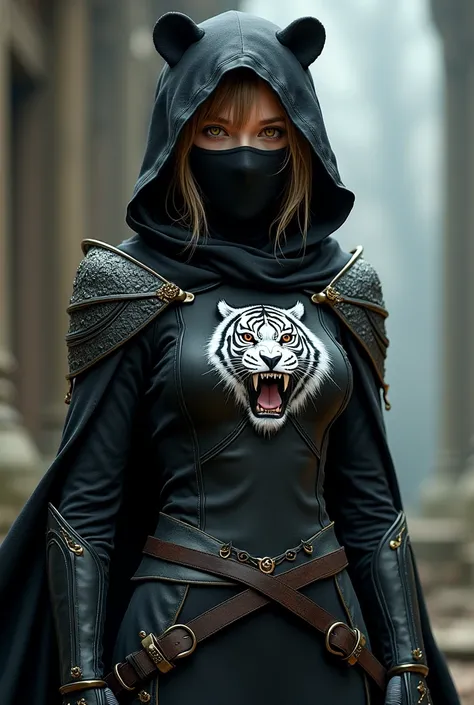 A girl with light brown hair with short hair and yellow eyes wearing a black bear mask. She wore black armor with a cape and hood with the design of a white tiger. The girl carries two swords at her waist.