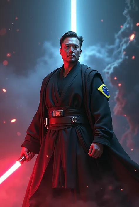 Image of Elon Musk wearing a Star Wars obi outfit with a Brazilian patch knocking Voldemort away