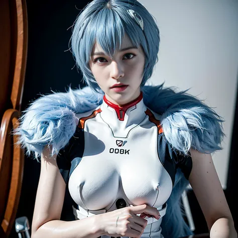 (8k, RAW photo, highest quality, refined details, Masterpiece: 1.2), (high resolution 8k wallpaper), sharp focus, professional lighting, depth of field, cinematic lighting, background blur, Evangelion Rei Ayanami. She is a Japanese woman with blue hair, (p...