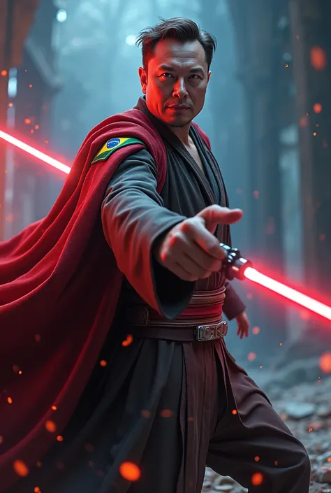 Image of Elon Musk wearing a Star Wars obi outfit with a Brazilian patch knocking Voldemort away