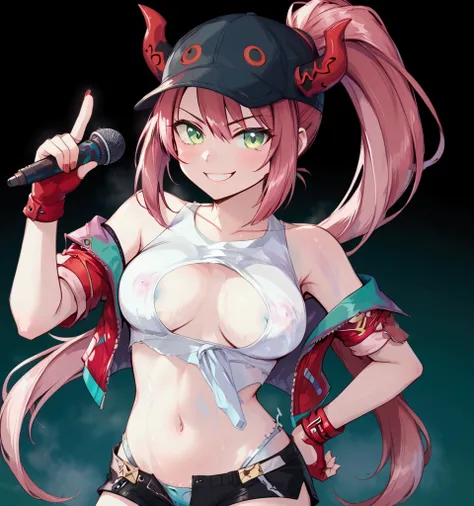 1 girl, fingerless gloves, gloves, green eyes, black baseball cap with fake red horns, jacket, looks at the viewer, pink hair, Theres one long ponytail cut in the back, short haircut in the front, red nails, solo, chest, a big white top that covers the ent...