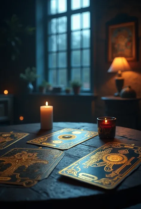 Tarot cards, over a table, moonlight shining over the cards, windows are open, 