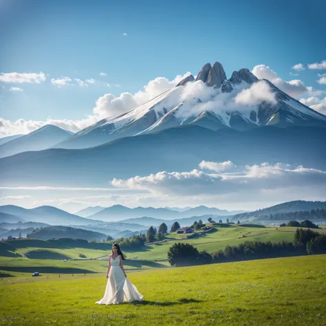 girl standing on the meadow、girl in a white dress、sky high and blue、sunny、I can see mountains in the distance、far away、stare into the distance、Standing in the distance、wide grassland,High Resolution, Masterpiece, Best Quality, Detail, High Details, Quality...