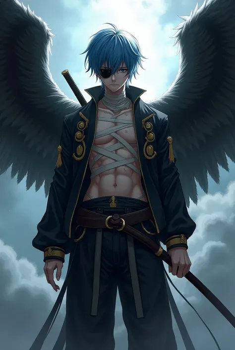 Create an image of a dark and mysterious looking angelic warrior, with long black wings adorned with golden details. He has short blue hair, wears an eye patch, and his torso is partially covered with white bandages, leaving visible scars. The warrior is d...