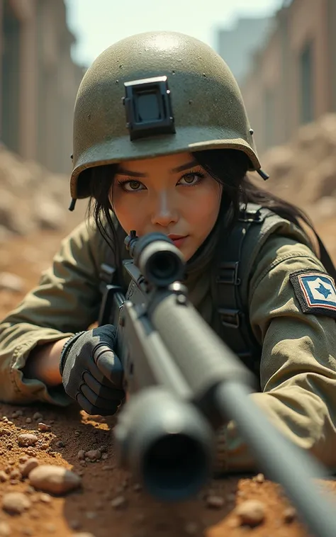 Ultra-high resolution，High-resolution details，Photo-real, Ultra-realistic, (1 Korean female sniper，Super beautiful，Super white skin), (fully armed，Ready to fight:1.5),  (Wearing Army paratrooper camouflage uniform，Wearing a military helmet:1.5), Large brea...