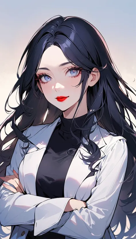 1woman, solo, black hair, middle part, long hair, gray eyes, droopy eyes, detailed eyes, eyelashes, red lips, smile, 25years old, crossed arms, wear white lab coat, Black turtleneck, Navy blue pencil long skirt