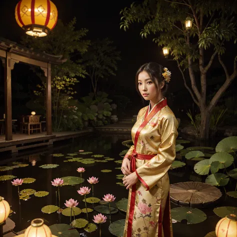 film grain, In the style of realistic photography with bright colors and high resolution., professional photography, A beautiful young woman in a stunning ancient hanfu, posing, surrounded by rabbit and flowers under the full moonlight, house grounds with ...