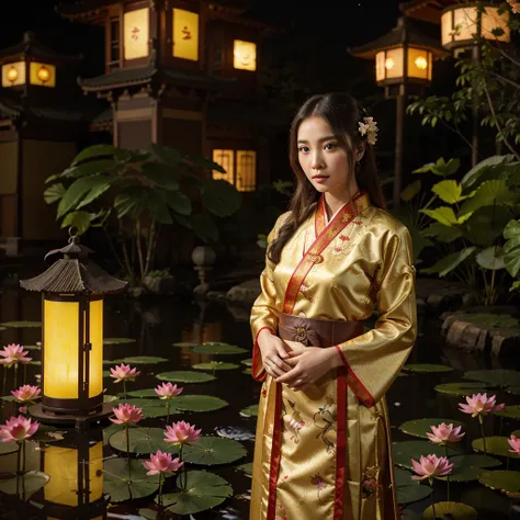 film grain, In the style of realistic photography with bright colors and high resolution., professional photography, A beautiful young woman in a stunning ancient hanfu, posing, surrounded by rabbit and flowers under the full moonlight, house grounds with ...