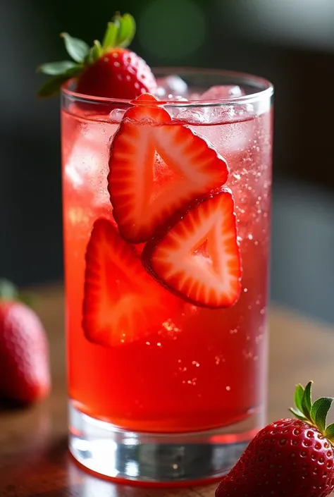 strawberry gin and tonic with strawberry slice, the drink has to be in a large gin glass. the drink is red in color with strawberry slices inside the large glass