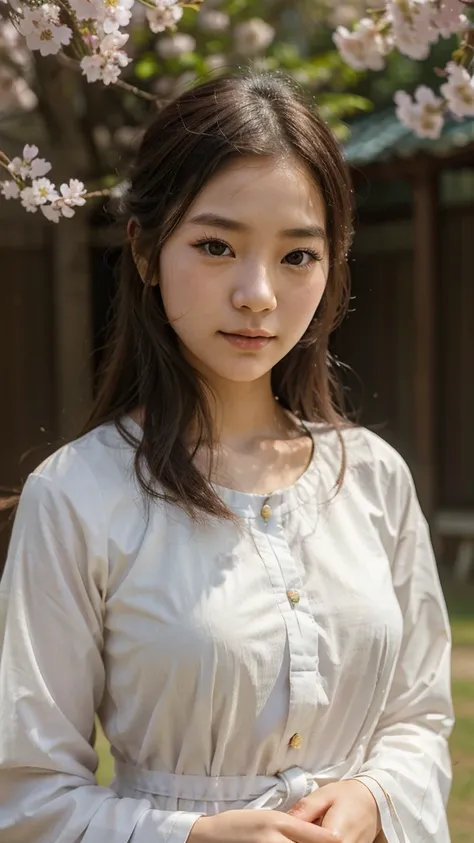 A young Korean girl with smooth, fair skin, wearing a traditional Hanbok in soft pastel colors. Her hair is long and straight, tied back with a delicate ribbon. She has a gentle, serene expression with large, expressive eyes and a slight smile. The backgro...