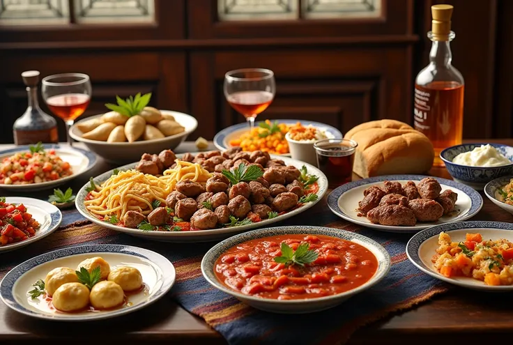 a table with various dishes from Russian cuisine