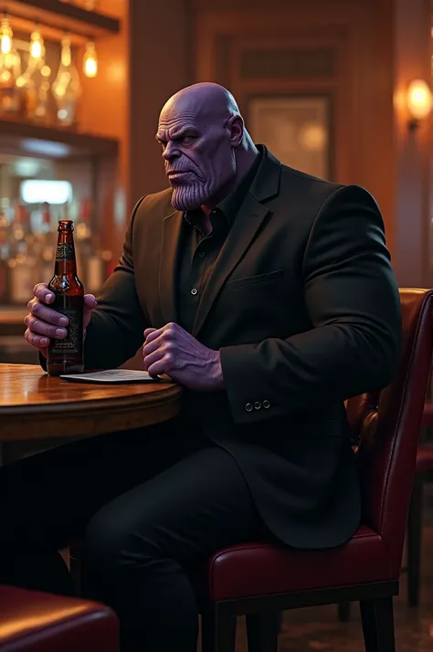 Thanos wearing black suit and drinking beer in the Bar