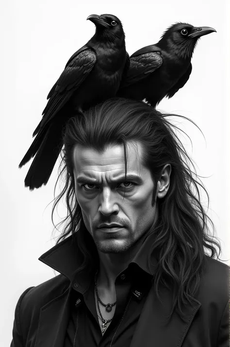 A drawing of a man in black with a mullet hairdo with two crows sitting on it.