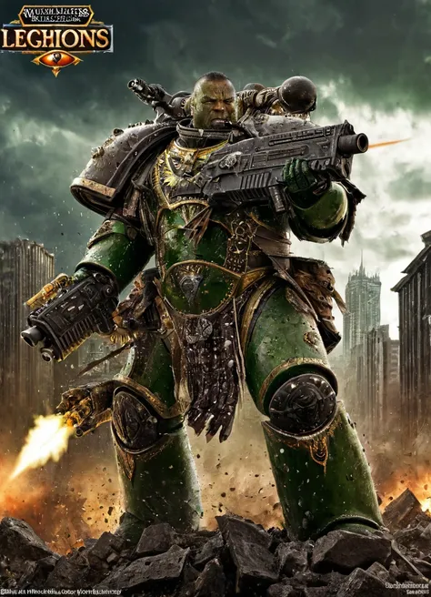 a big and muscular nqstrman man in very heavy futuristic armor is shooting a high enery weapon. scenery is a dirty and destroyed...