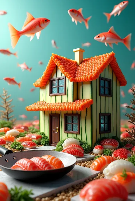 ((masterpiece, 8k, best quality, 8k, super realistic, high resolution:1.3)), realistic house, 2 storey house, 2 meter house, house made of sushi, sushi world, Sashimi in a frying pan, world of fish eggs, wasabi world, wall made of cucumber sushi, paper hol...