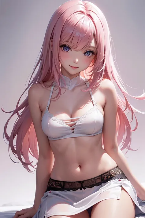 Best Quality,High resolution,8k,(plain white background, no patterns, no textures, just a plain white background:1.3),Masterpiece:1.2),beautiful girl,Big Breasts,(Shiny pink hair:1.3),messy hair,Beautiful pink eyes,Gentle look,A refreshing look,smile,Overs...