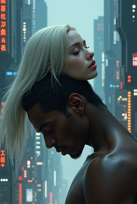 create a photo of a dark-skinned man with brown hair and one of albino straight hair, she is on top he is on bottom, only her head appears and his head and torso up to the chest, in the background place a futuristic city from the 2060s