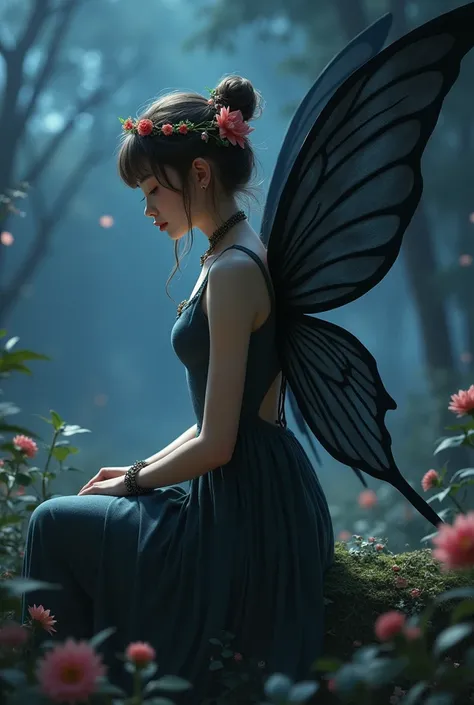 Realistic woman like a Fairy sitting, small dark dress, beautiful shy face, very large dark wings, fantastic night background, tinker bell,  looking down, side view, flowers in head, bracelets, collar