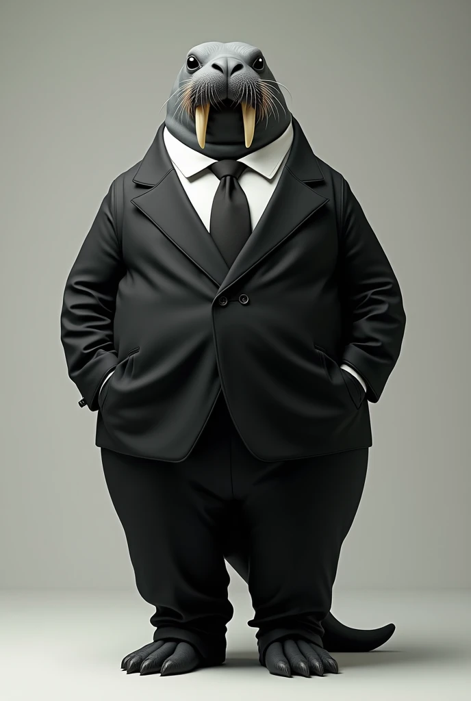 The walrus is wearing a black suit