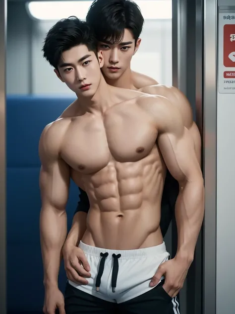 Image of two masculine men jin and yan in an empty metro train, (jin is a handsome 20 year old korean bodybuilder man with cute face, medium height, wearing tight booty shorts, perfect facial features, well defined muscles, perfect bare body, pale skin, se...