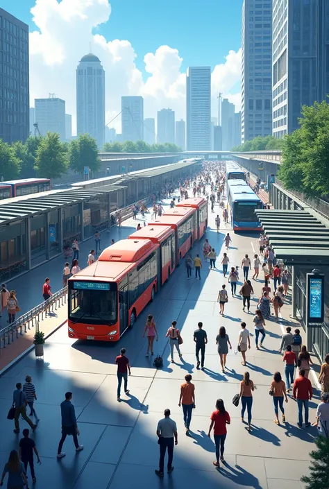 Modern bus system showing its platforms and buses waiting for travelers 