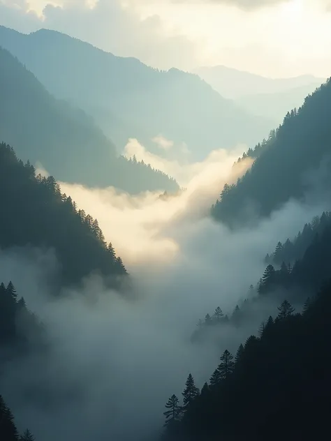 A hidden mountain valley enveloped in thick fog at dawn, with the dense forest on the slopes partially obscured by the mist. The scene is filled with dramatic contrasts between the dark forest and the ethereal fog, illuminated by the soft early light. Usin...